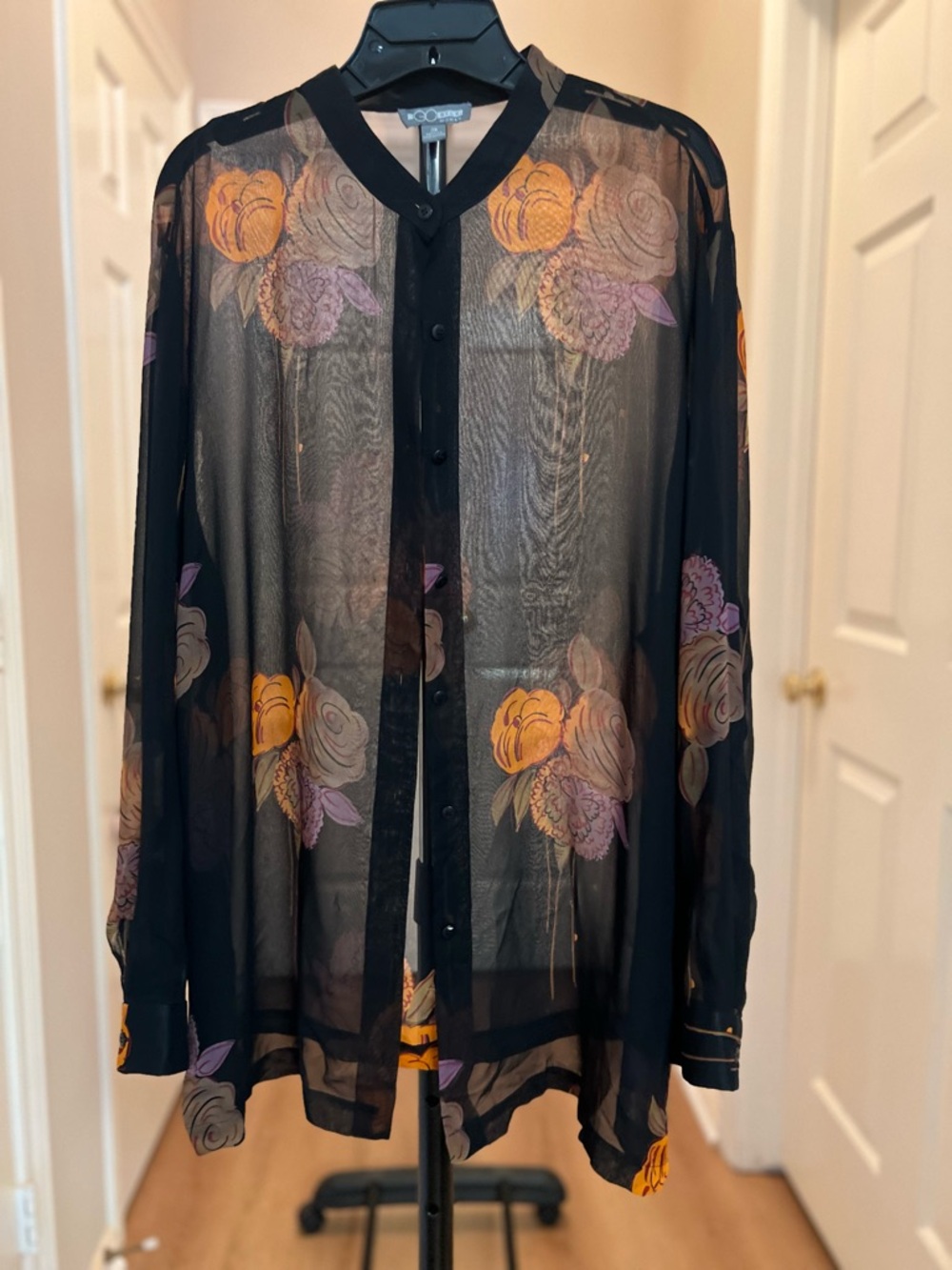 BCBG Sheer Black Floral Button-Down Blouse